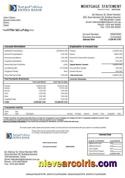 Qatar Doha bank mortgage statement